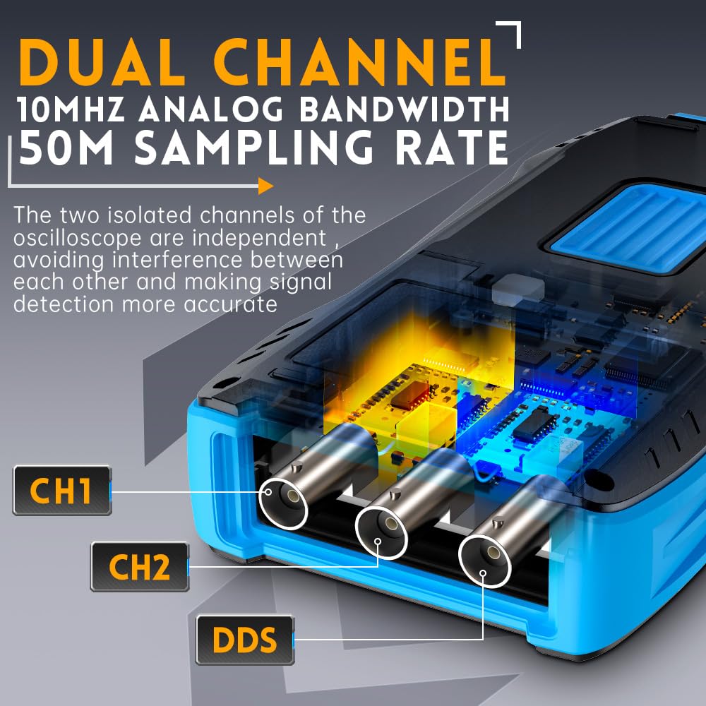 Oscilloscopio Multimetro Digitale 3 In 1 Oscilloscopio portatile usb Oscilloscopio a 2 canali 10MHz larghezza di banda 50MSa/s frequenza di campionamento 9999 conteggi, con sonda penna.