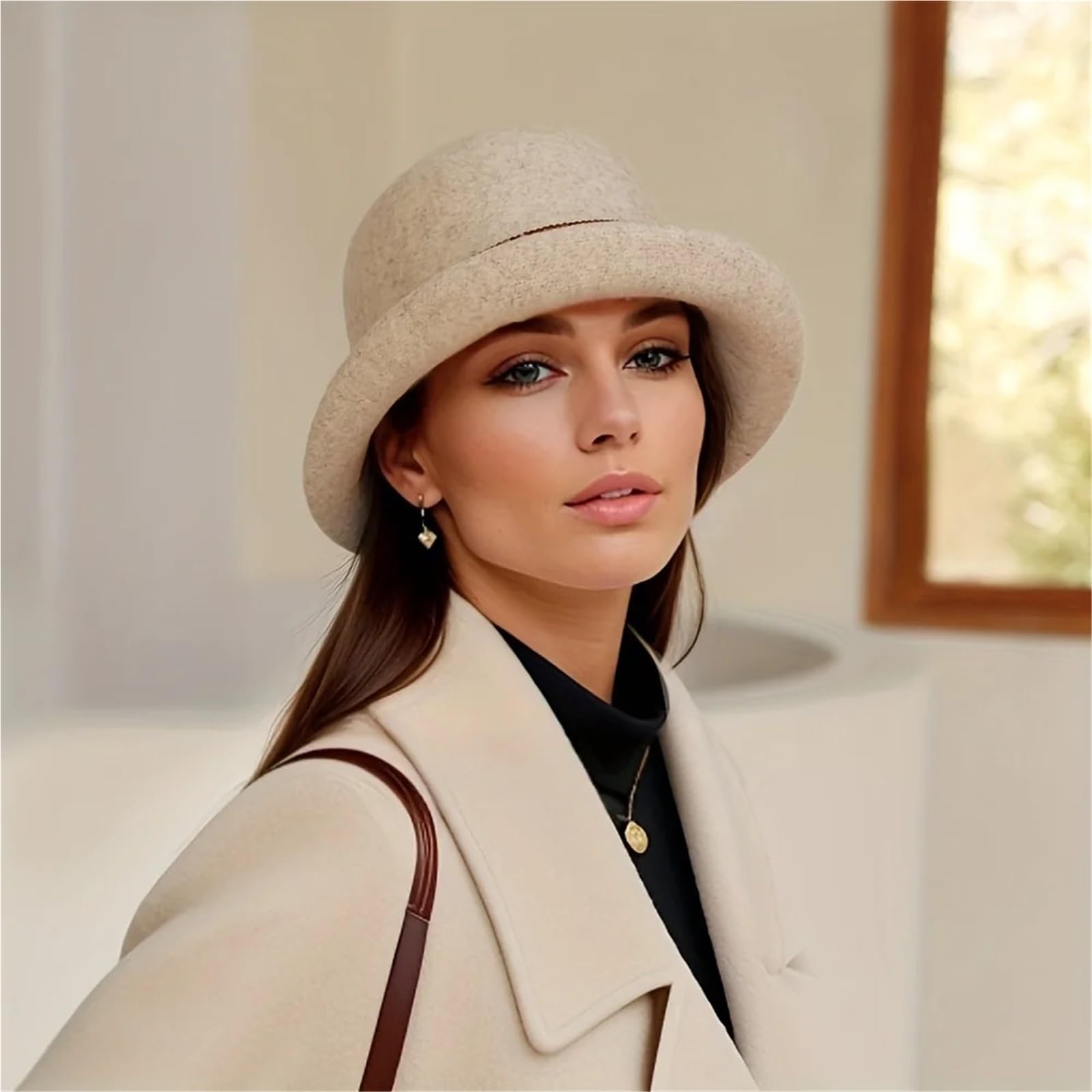 Cappello Donna Invernale Cappello in Feltro, Parte Superiore Rotonda, Cappello a Cilindro Piccolo con Bordo Arricciato alla Moda, Cappello da Bacino in Lana da Donna(Black)