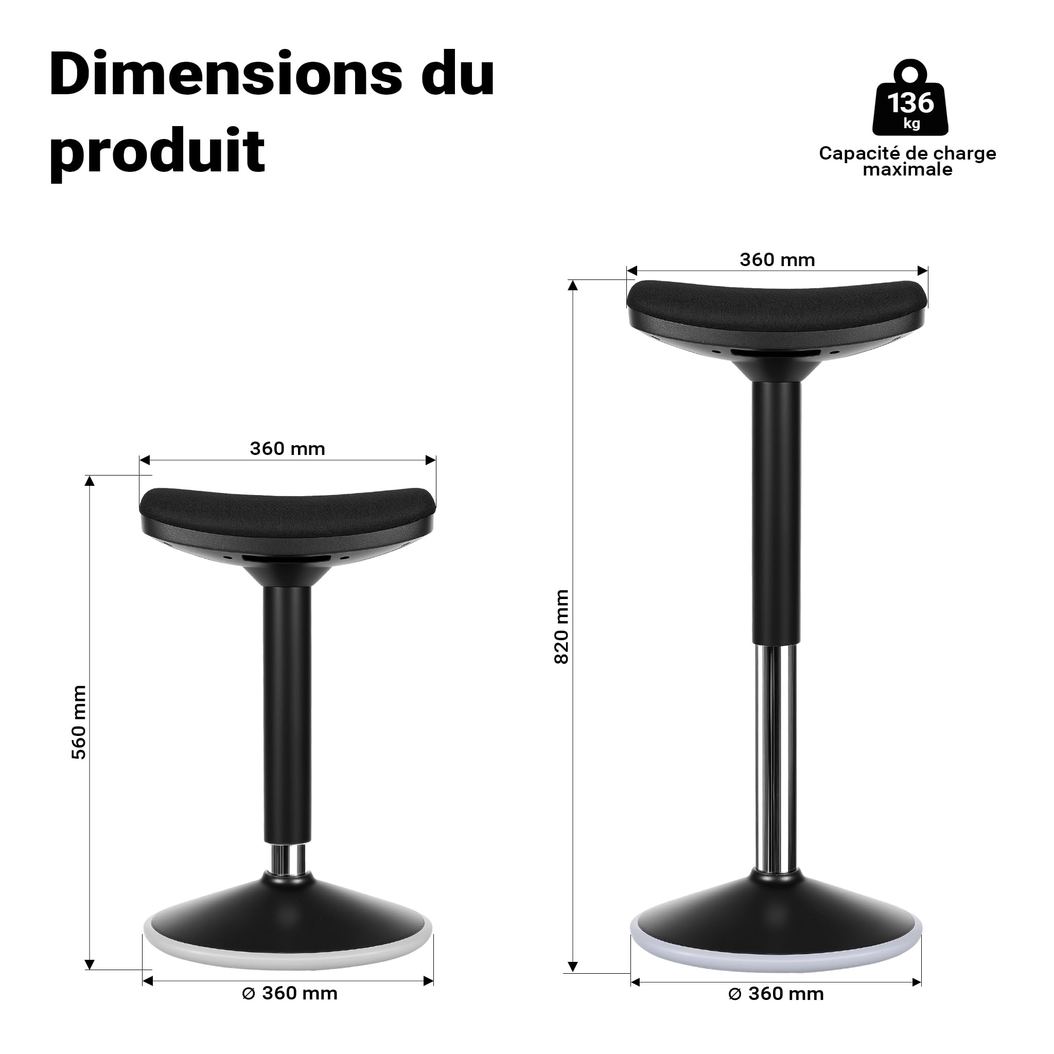 WilTec Tabouret Ergonomique Assis Debout – 36 x 23 x 55-82 cm – Capacité Max. 135 kg – Couleur Noire – avec Ressort à gaz – Fauteuil de Bureau, Chaise Debout Assis