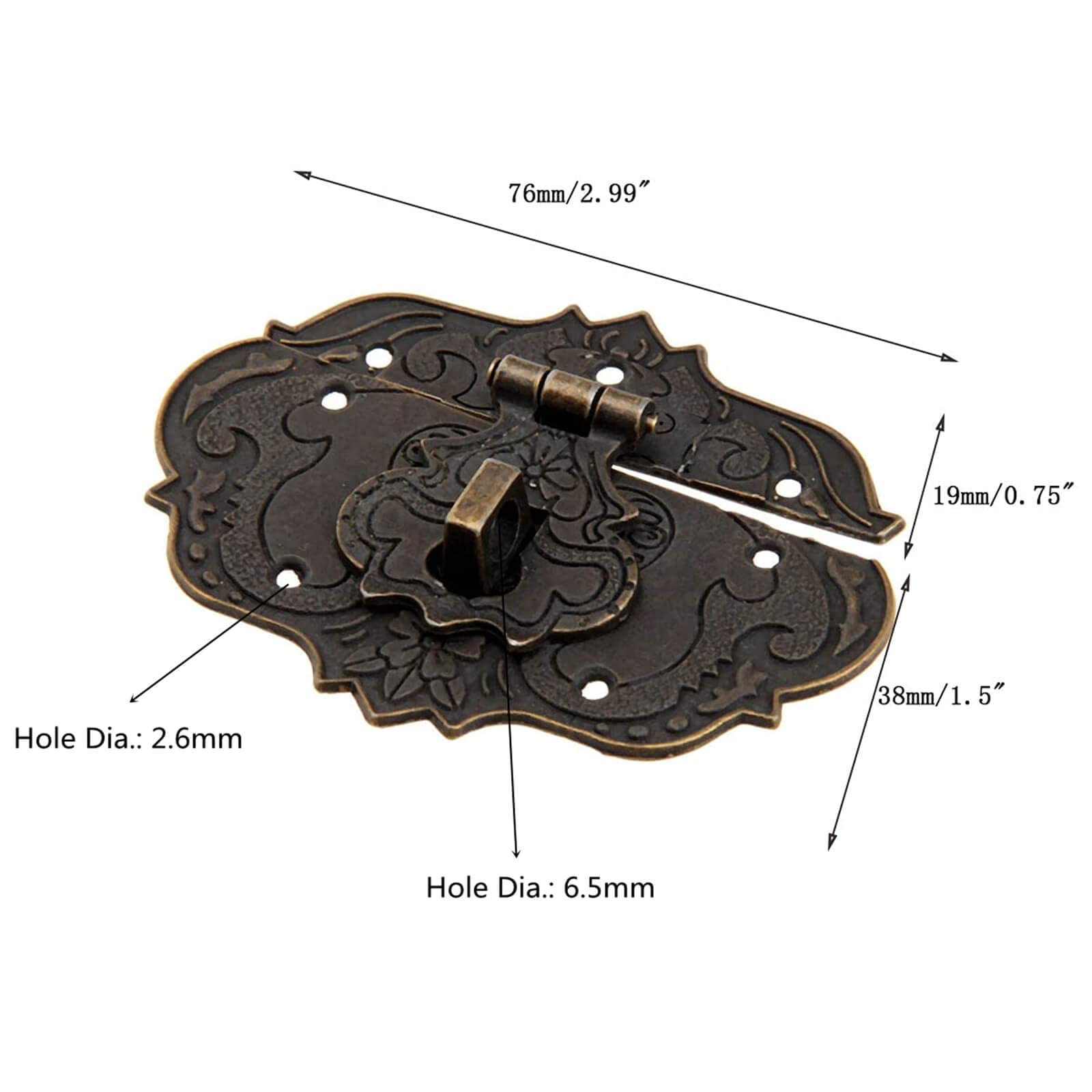 Dophee 1Pc 3"x2.24" Antique Embossing Decorative Brass Hasp Clasp Latch Lock with Screws for European Style Jewelry Trinket Box Decoration 3
