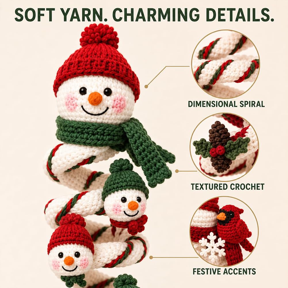 LLELEMAMO Häkelset Weihnachten, DIY-Set für einen Gehäkelten Schneemann als Spiralschmuck, Kreatives Häkelset mit Garn und Zubehör, Weihnachtsdeko und Baumschmuck für Erwachsene (4PCS-B)