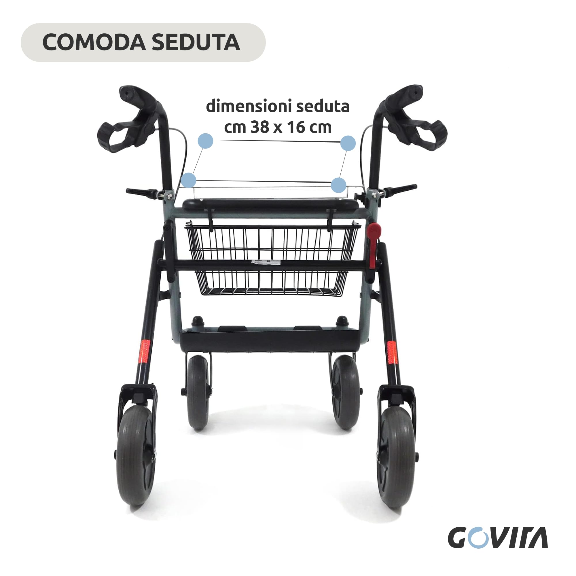 GOVITA - Deambulatore Pieghevole per Anziani con Seduta e Cestino – Rollator a 4 Ruote da Interno ed Esterno, Carrello Girello Regolabile con Freni e Portaoggetti