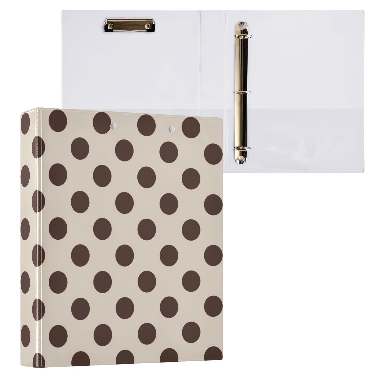 Classeur à 3 anneaux marron à pois de 3,8 cm, classeurs à trois anneaux avec porte-bloc pour papier de 21,6 x 27,9 cm, 3 poches intérieures transparentes en PVC pour fournitures de bureau