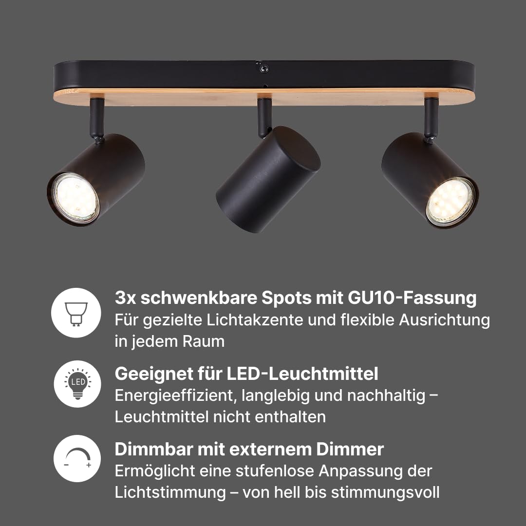 Brilliant Niels LED Spotbalken 3-flammig Schwarz Bambus GU10