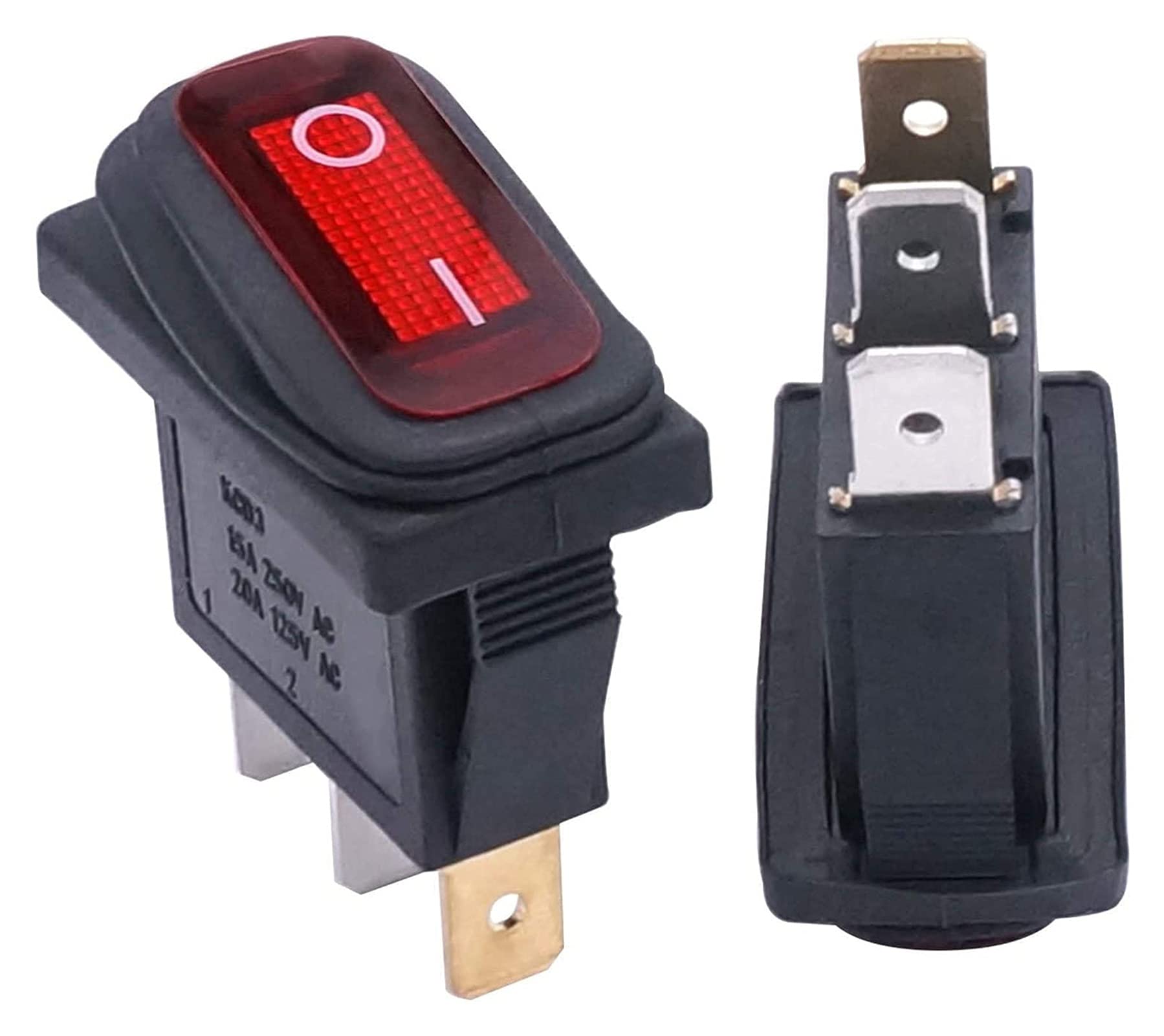 2 interruptores de palanca basculante de CA impermeables de 12 V con luz roja para coche, SPST de 3 pines, 2 posiciones, KCD3-101NW-I/O
