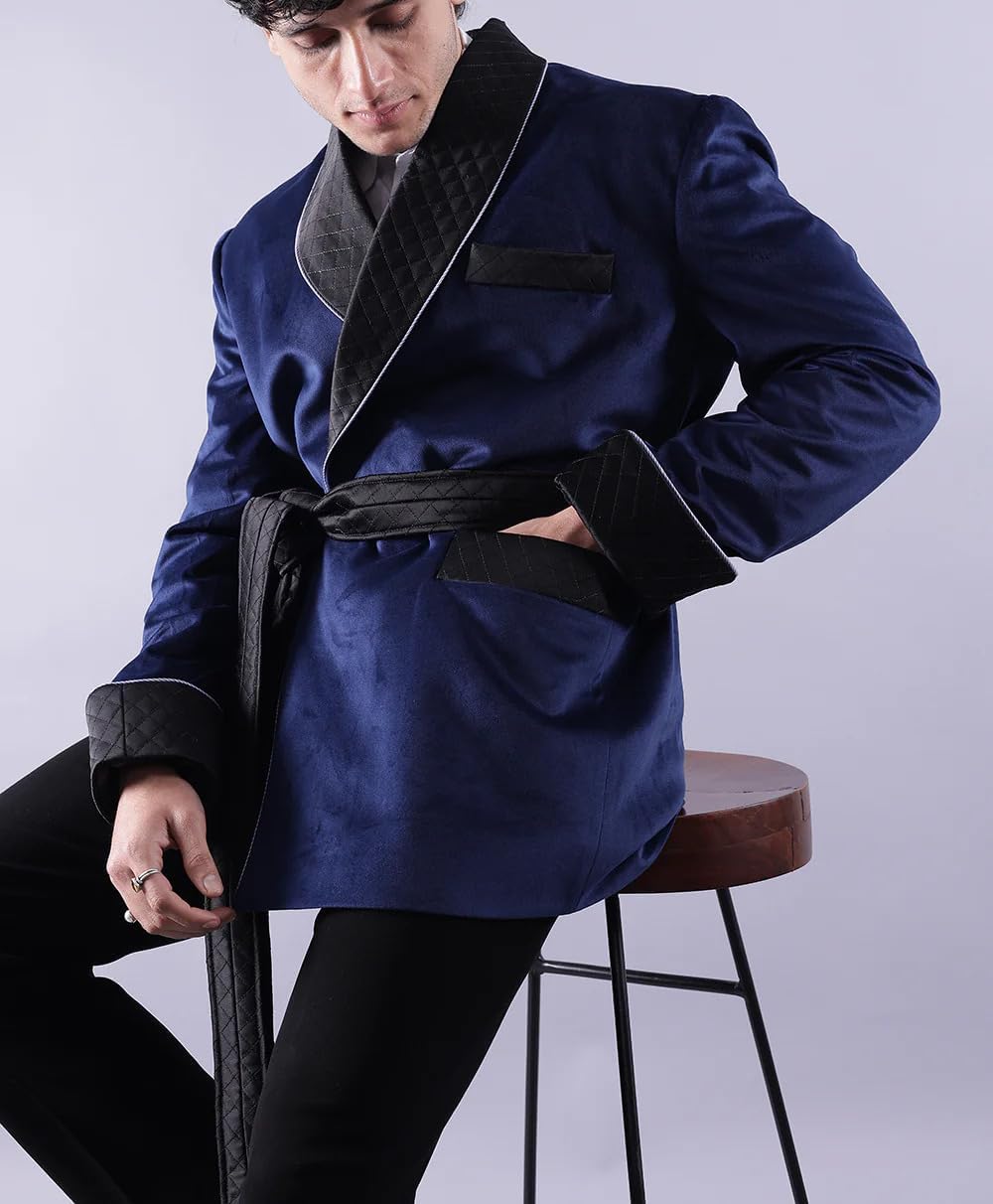 Men’s Navy Blue Velvet Smoking Jacket – Quilted Shawl Collar, Luxury Lounge Robe