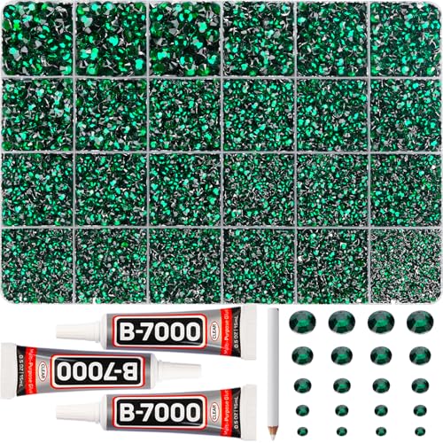 31000Pcs Emerald Green Rhinestones for Bedazzling Multi Sizes 2-6mm Dark Green Flatback Gems Bedazzle with B7000 Glue Flat Back Resin Jewel Diamond Gemstone Crystal for Crafts Clothes
