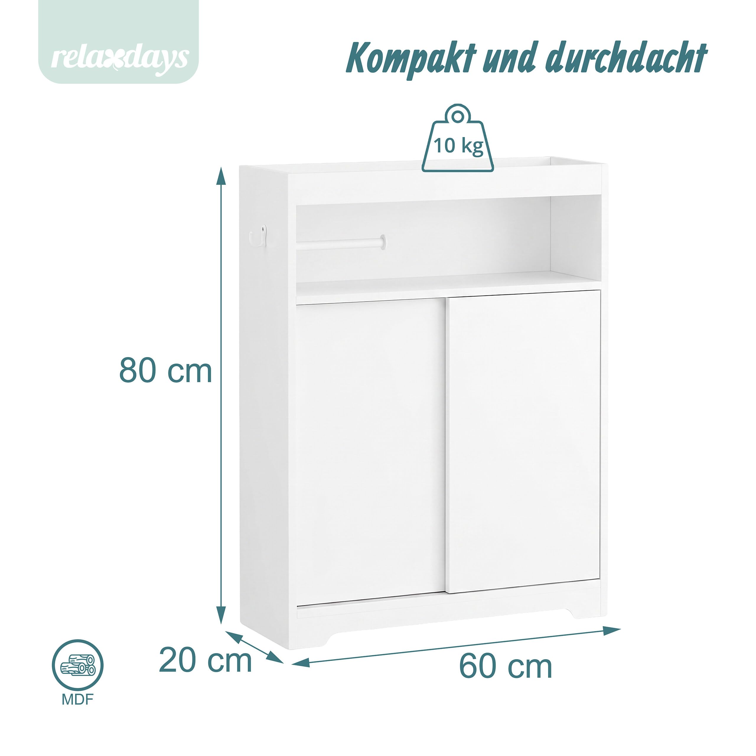 Relaxdays Nischenschrank, 4 Fächer, Toilettenpapierhalter, Haken, HxBxT 80 x 20 x 60 cm, Badezimmer, MDF, Badregal, weiß