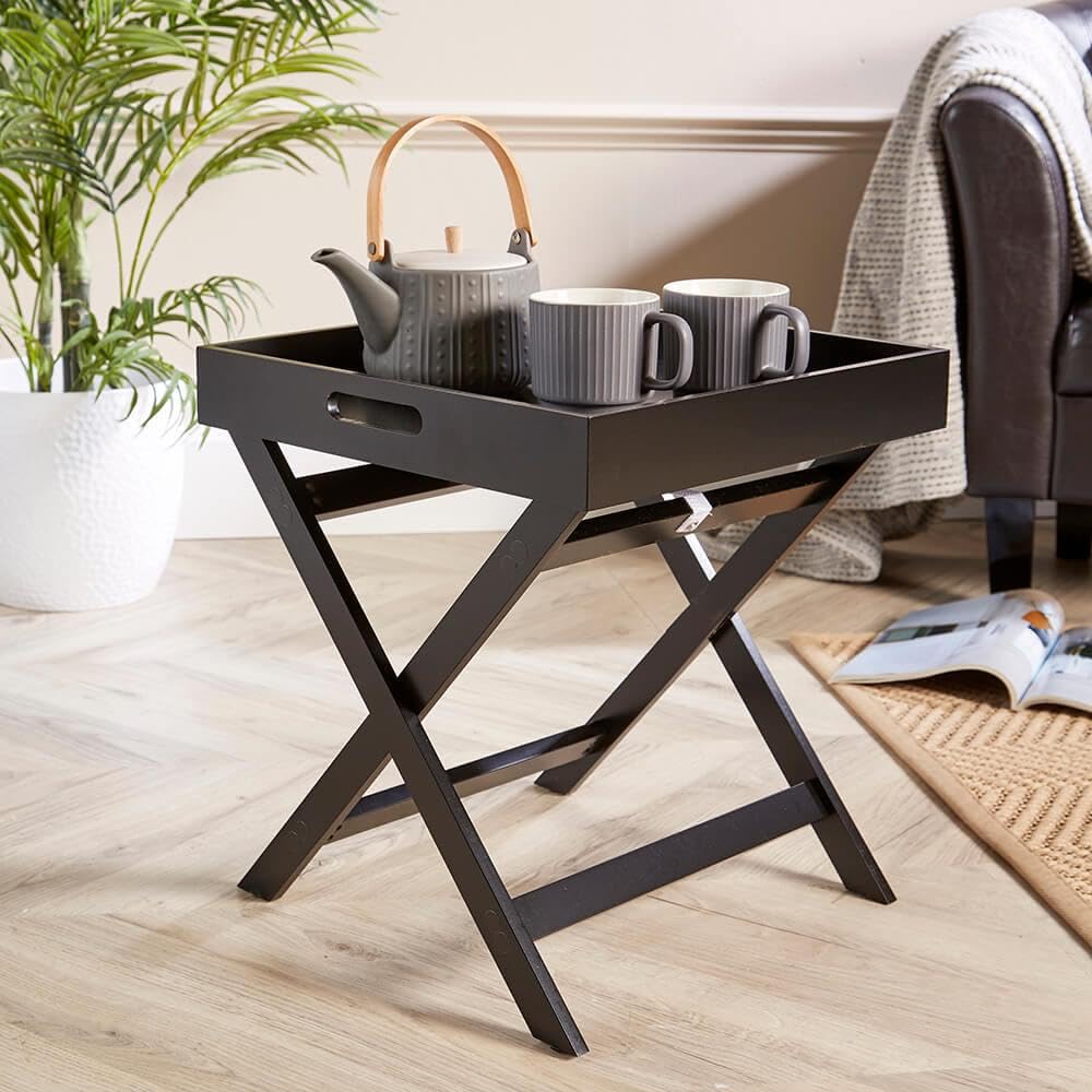 Home Source Folding Butlers Side Table - Portable Wood Food Serving Tray - Black