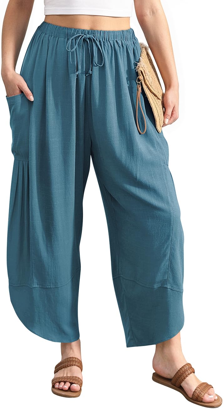 TARSE Womens Linen Harem Pants Casual Loose Drawstring Elastic Waist Summer Beach Travel Vacation with Pockets