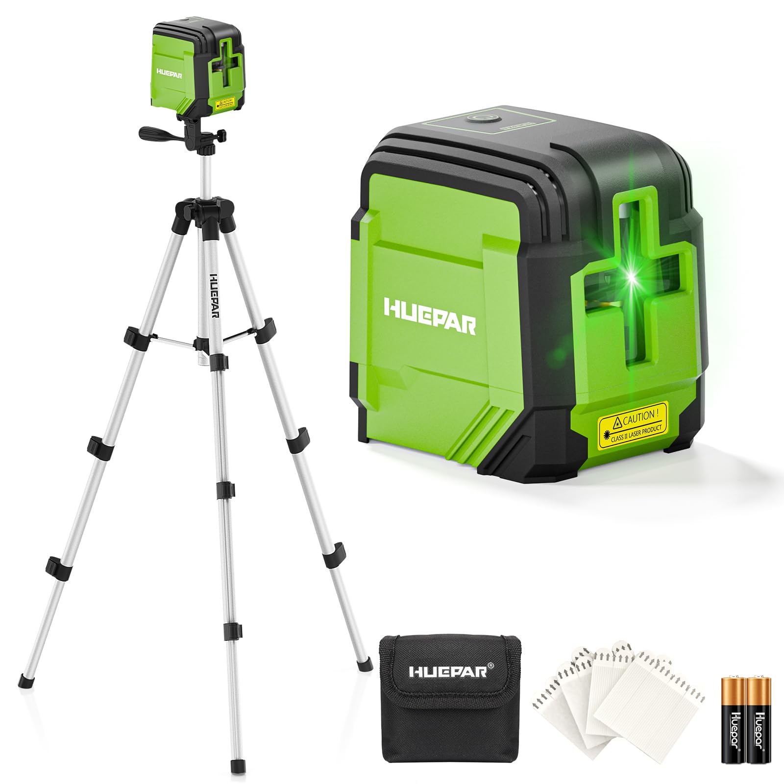 Huepar GK011DG Livella Laser Autolivellante con Treppiede 1,02 m, Laser Verde a Croce Orizzontale 110° e Verticale 110°, IP54, Borsa, Occhiali e 2 Pile AA, 30m Livella Laser per Casa, Appendere Quadri