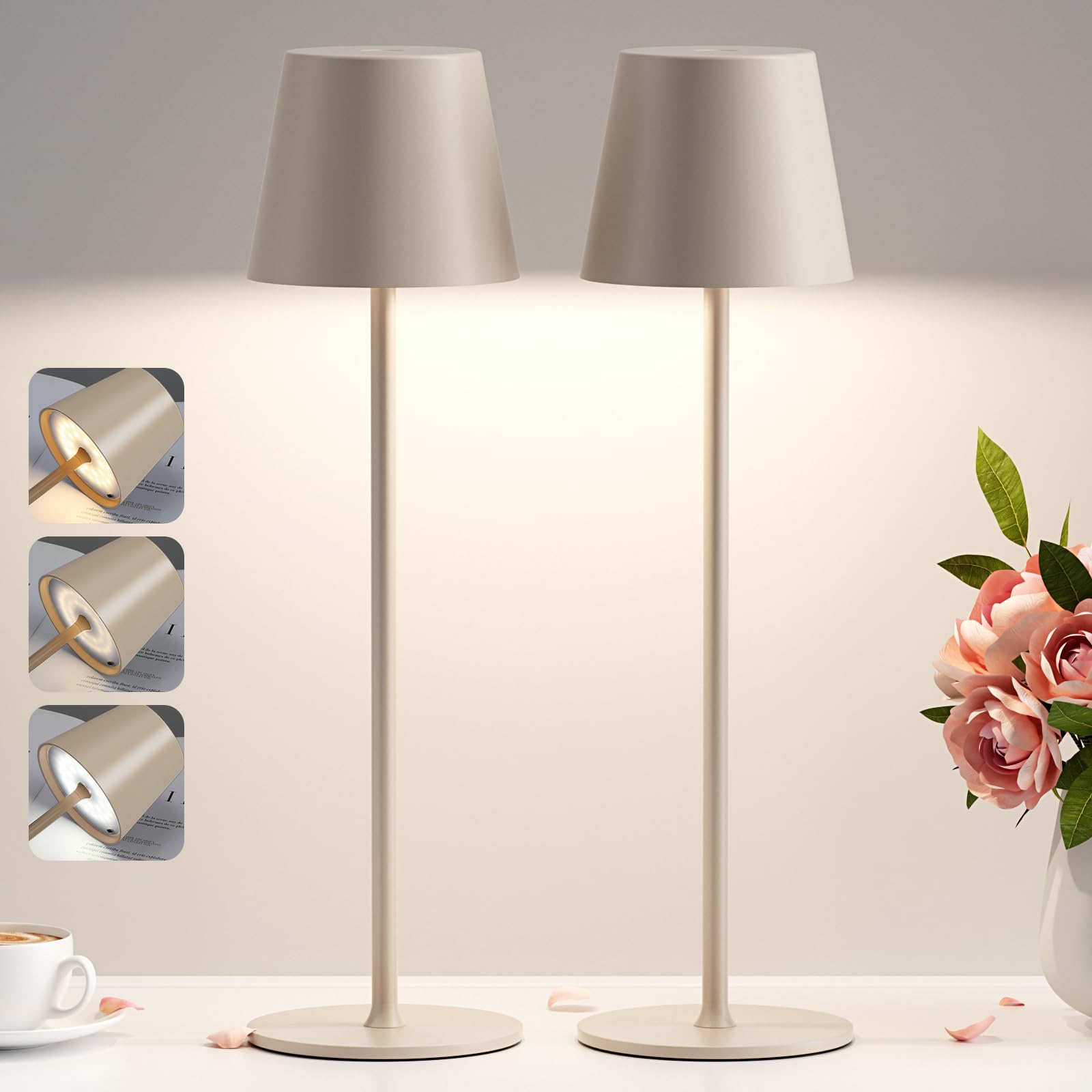 PreeOtti Tischlampe Kabellos, LED Tischleuchte Akku Dimmbare 2er Set mit 3 Farbtemperatur, Stufenlos Dimmbar, Touch Lampe mit USB-C Aufladbar für Outdoor Nachttisch Esstisch Camping(Beige)