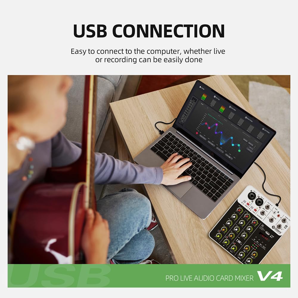 Mixer per DJ, V4 4 canali Mixer DJ Console Portatile 48V Phantom Power USB DJ Console con Scheda for PC Registrazione Canto(V4 White Type)