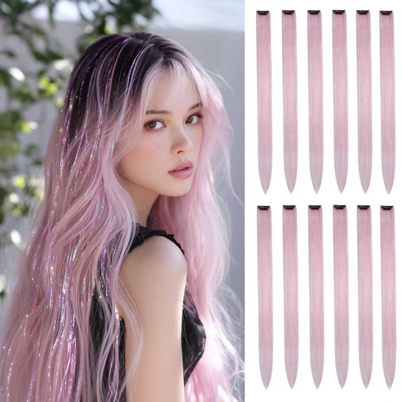 EXTACIO 12pcs Clip in Light Pink Rainbow Hair - 22 Inch Colored Extensions for Women