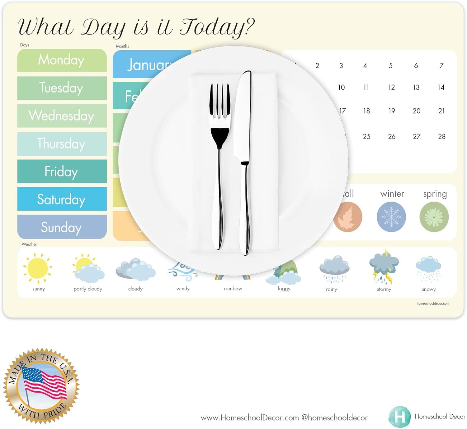 Educational Kids Placemats for Dining Table and Classroom Days, Months & Weather, Sight words, Alphabet & USA map, durable plastic Set of 4