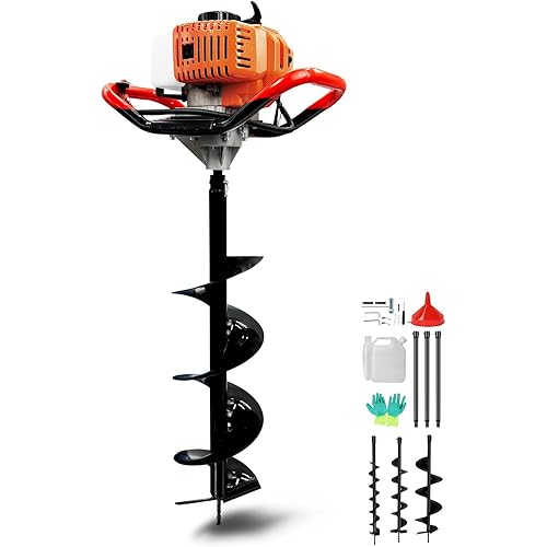 Post Hole Digger, 62cc Gas Powered Earth Auger Earth Digger, Auger Post Hole Digger with 3 Drill Bit 3" & 5" & 8" and 3 Extension Rods 24", for Fence, Farmland and Garden, EPA Certified