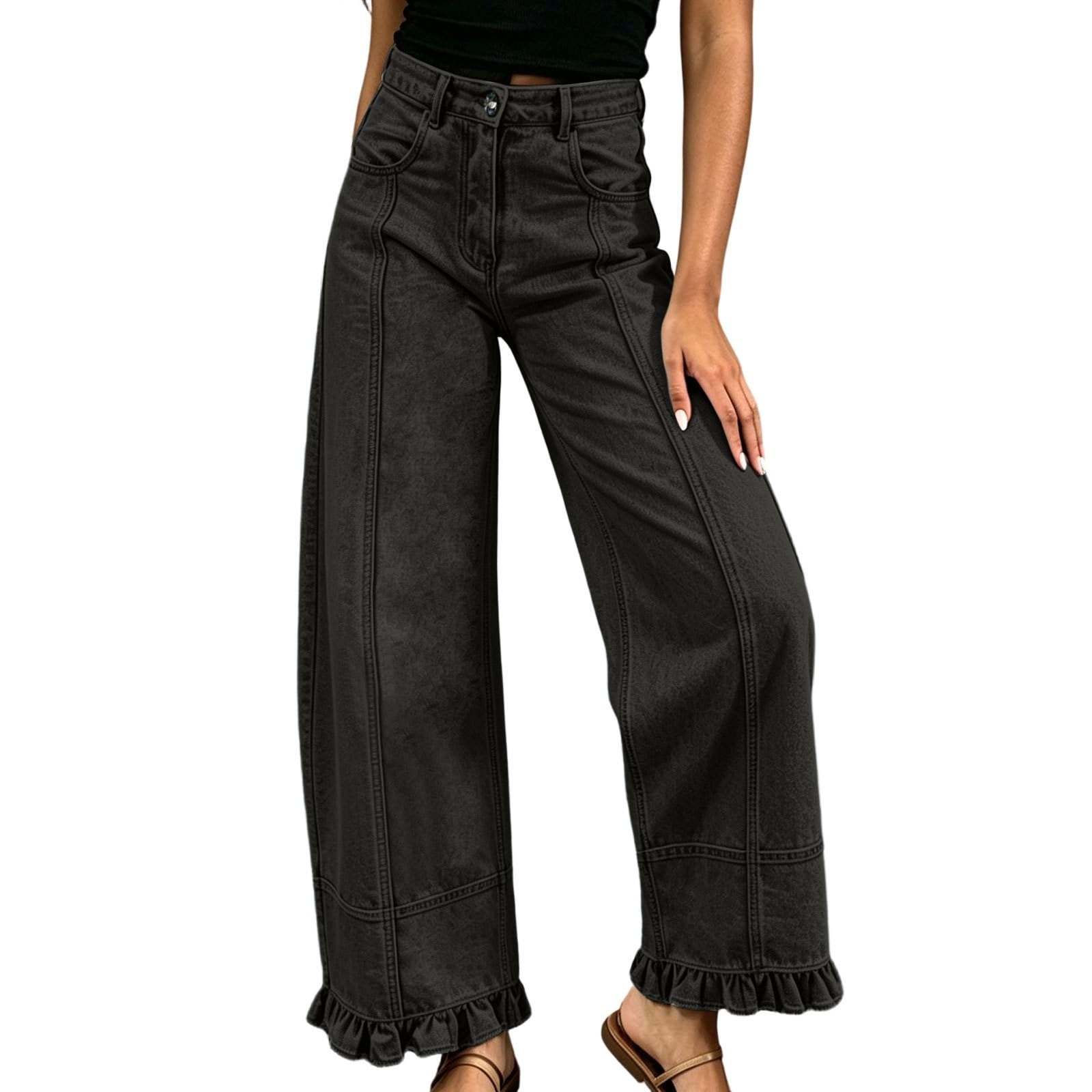 Jeans da donna taglie forti, jeans da donna a vita alta, gamba larga | Eleganti pantaloni in denim con volant, stile patchwork, stile Harajuku, per il tempo libero, per adolescenti e ragazze