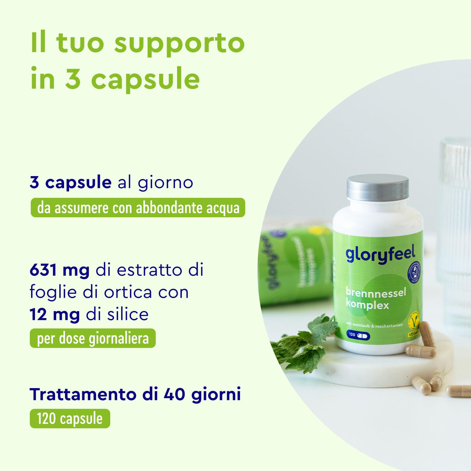 Ortica Capsule Alto Dosaggio – Estratto di Foglie di Ortica 10:1 – Con Ippocastano, Vite Rossa e Vitamina C – 120 Capsule Vegan – Rame e Manganese – Testato in Laboratorio in Germania
