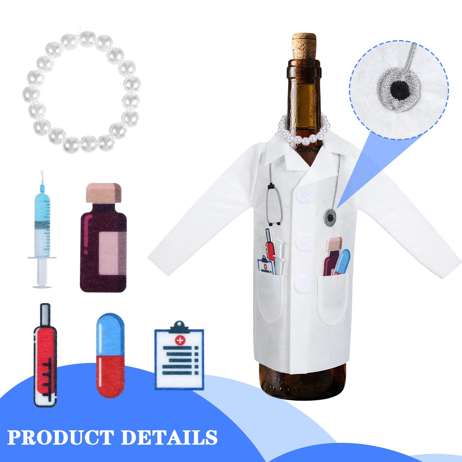 1 juego de fundas para botellas de vino, funda de fieltro para botellas de vino con collar de jeringa y termómetro, divertido regalo para enfermeras, médicos, graduaciones, fiestas