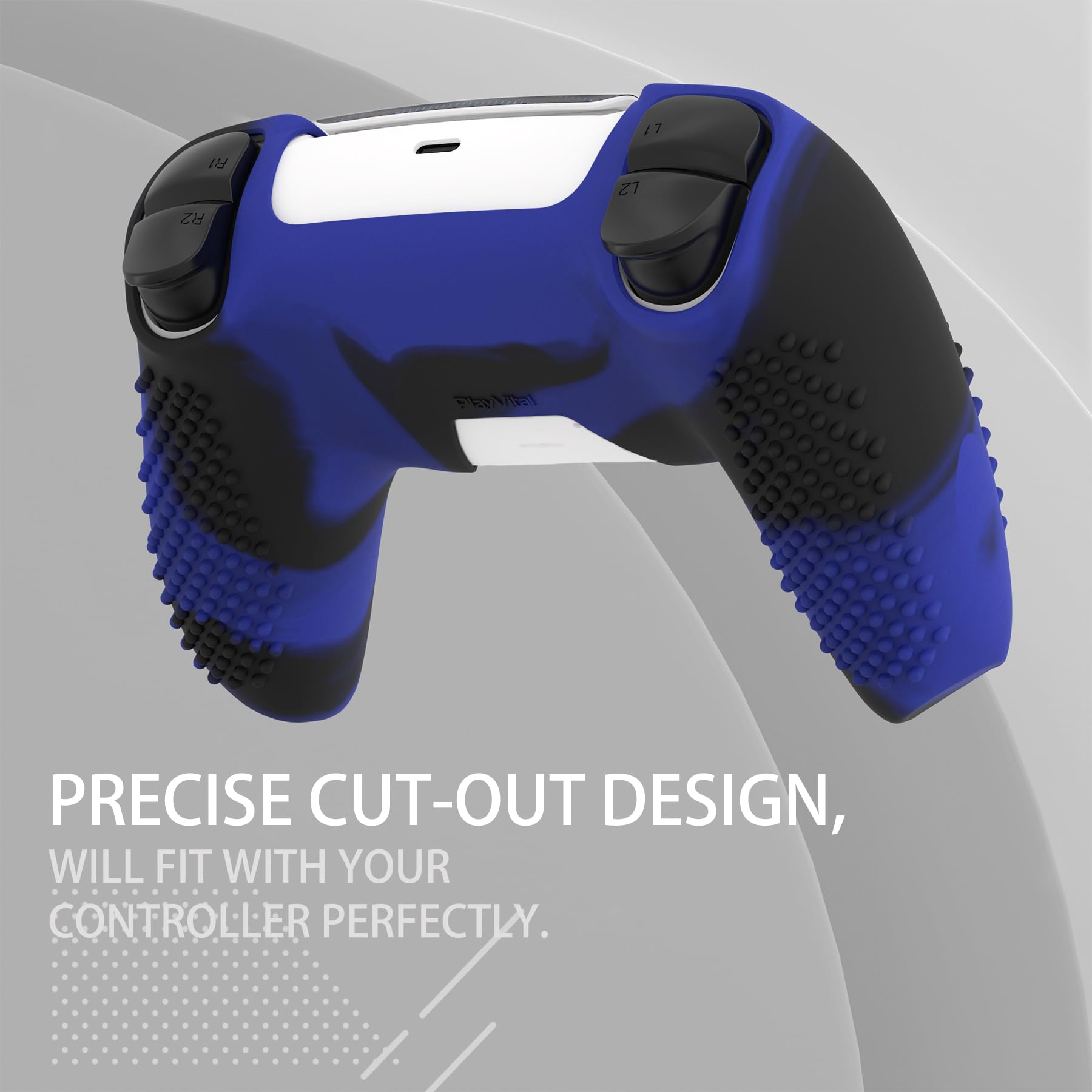 PlayVital 2 Cover Joystick per ps5 Controller-Compatibile con ps5 Base Ricarica, Custodia Silicone Antiscivolo&Copri Analogici&Adesivi Skin per Touchpad,3D Borchiate-Blu Nero
