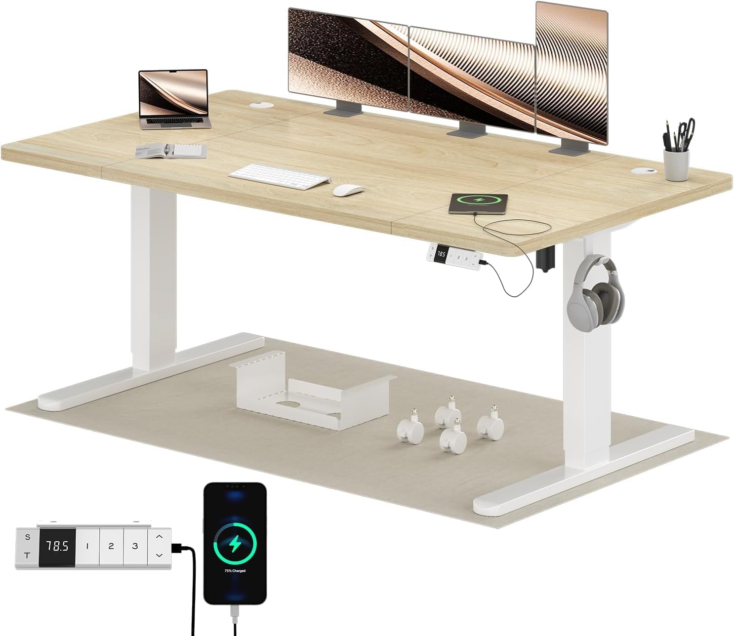 Airfish Höhenverstellbarer Schreibtisch 160x80cm mit USB-C,Eiche | Schreibtisch Höhenverstellbar Elektrisch mit Kabelmanagement, Steh-Sitz Tisch, Bürotisch Computertisch für Home Office & PC