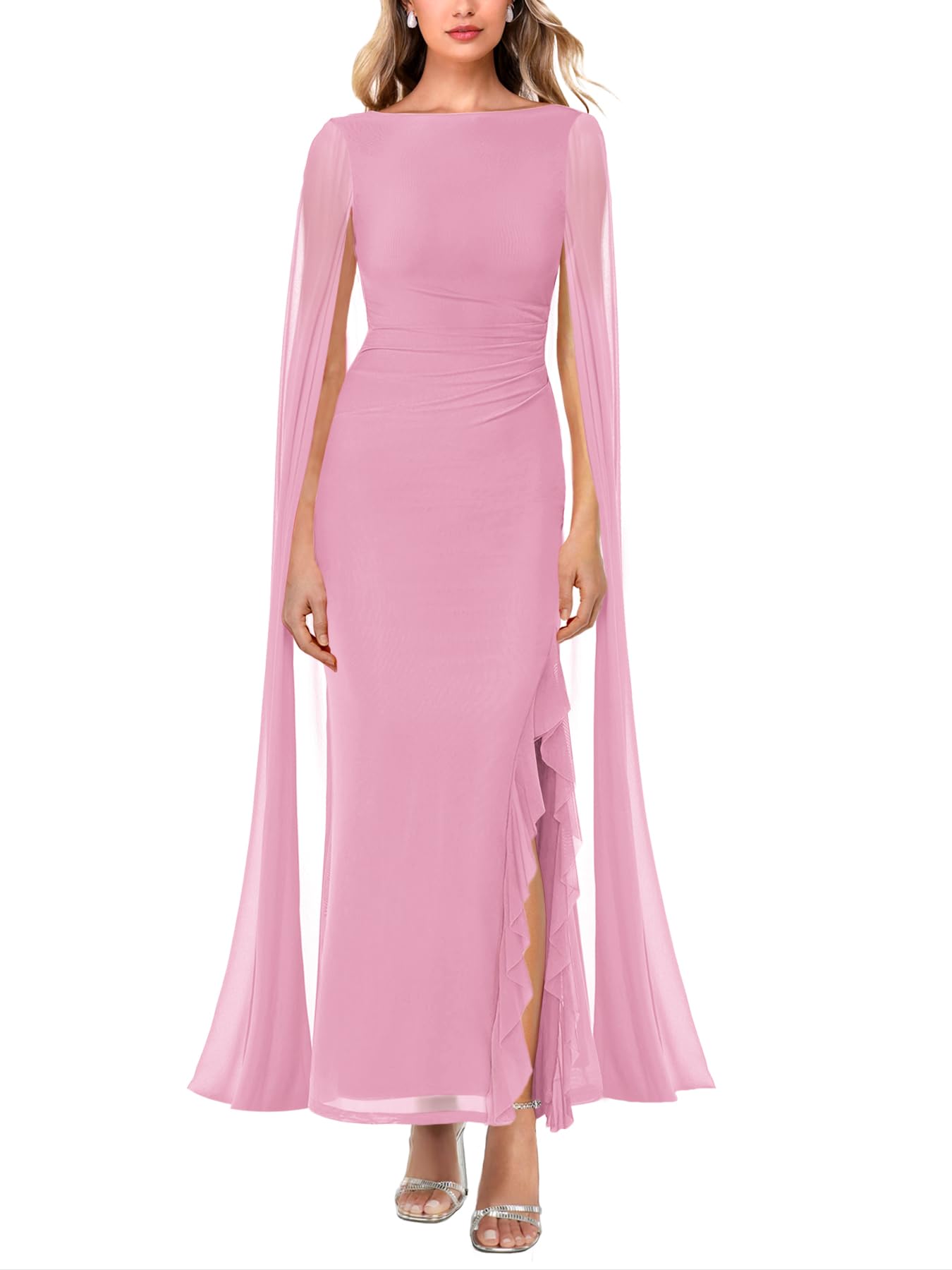 Lrady Women's Formal Evening Gowns High Split Ruffle Wedding Guest Cape Sleeve Cocktail Party Maxi Dresses