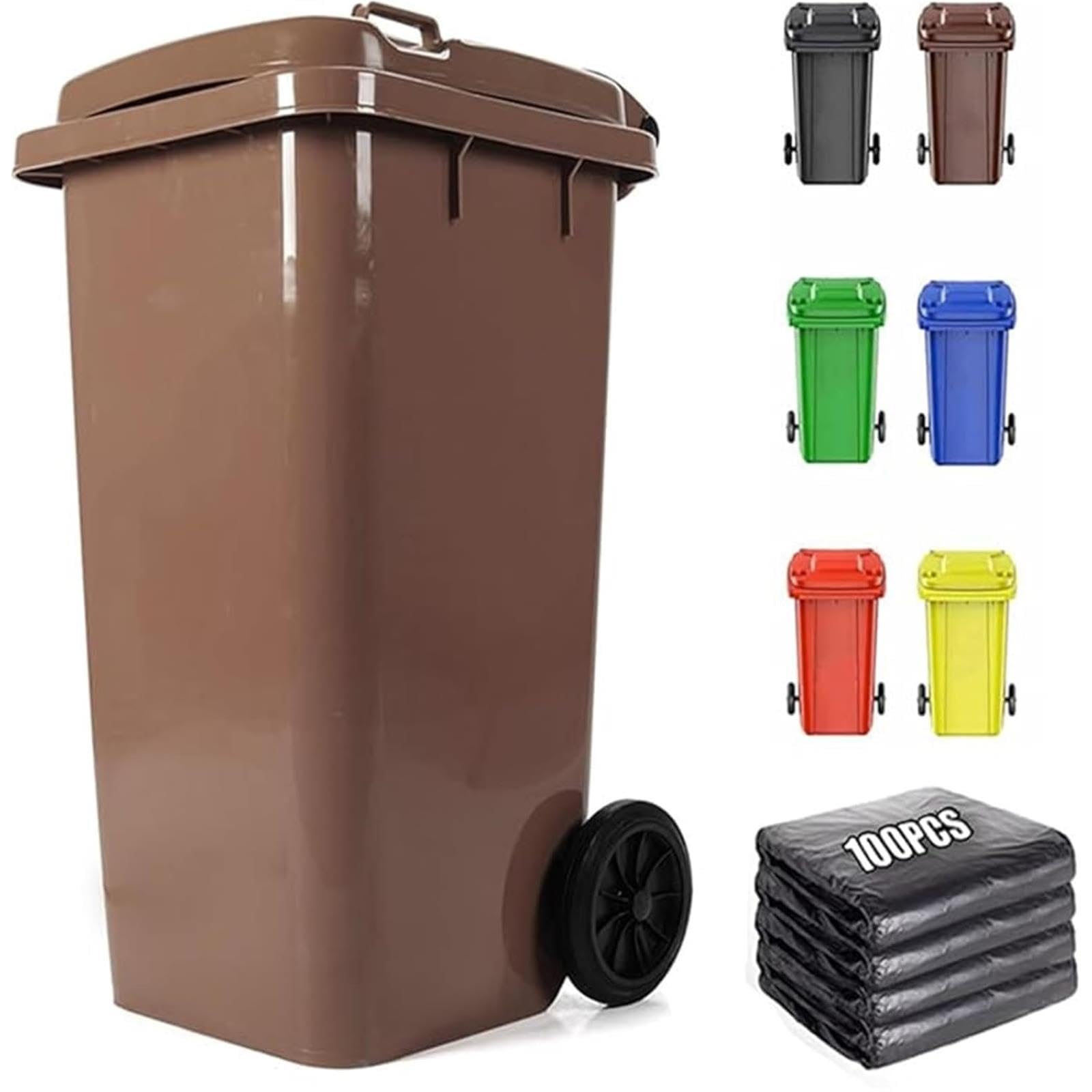 VITIWEDTY Outdoor Trash Can with Lid, Wheeled Plastic Garbage Can for Home, Garage & Commercial Use (Brown 100L)