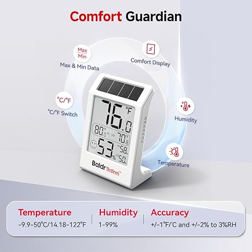 Miniatura 8 de BaldrTherm Medidor de humedad higrómetro, termómetro de habitación alimentado por energía solar, monitor digital de temperatura para interiores,