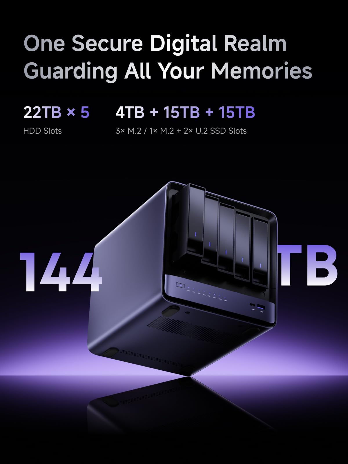 MINISFORUM NAS N5 Air avec AMD Ryzen 7 255, 2 x SODIMM DDR5-5600 MHz, 64 Go SSD, 1 x HDMI + 2 x sorties USB4, 5 emplacements pour disque dur, emplacements M.2 2230/2280/22110/U.2, port LAN 5 GbE + 10