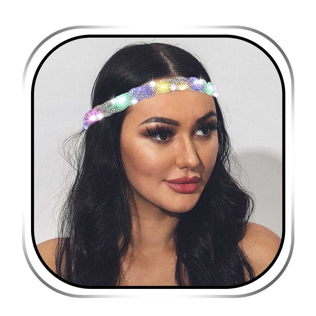 JEAIRTS Light Up Rhinestone Headband Glow Disco Headpiece Led Bling Hair Accessories for Women, glass