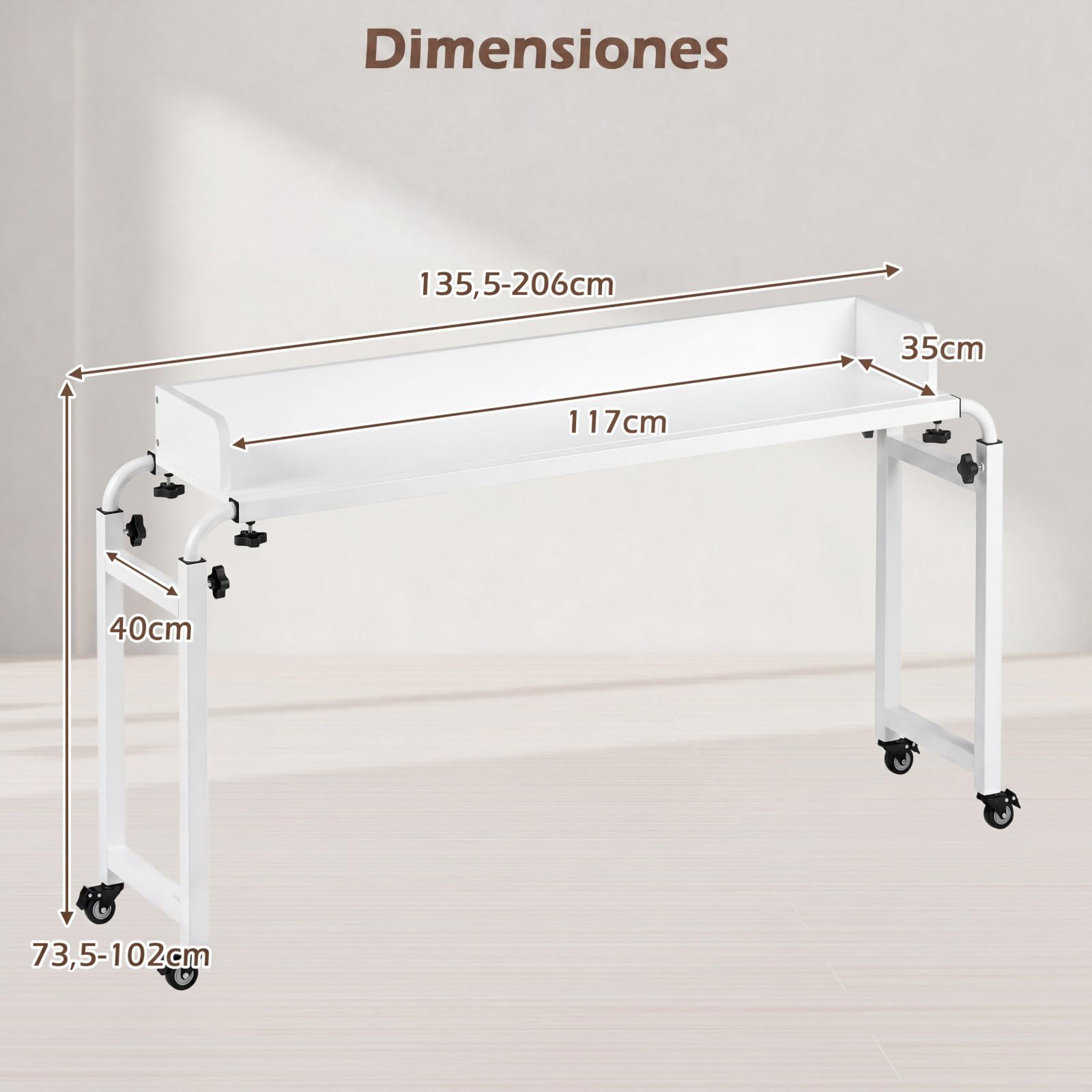 COSTWAY Mesa de Sobrecama con Ruedas, Altura y Longitud Ajustables, Escritorio Queen, Marco Metálico, Mesa para Cama, Dormitorio,135,5-206 x 40 x 73,5-102,5 cm (Blanco)