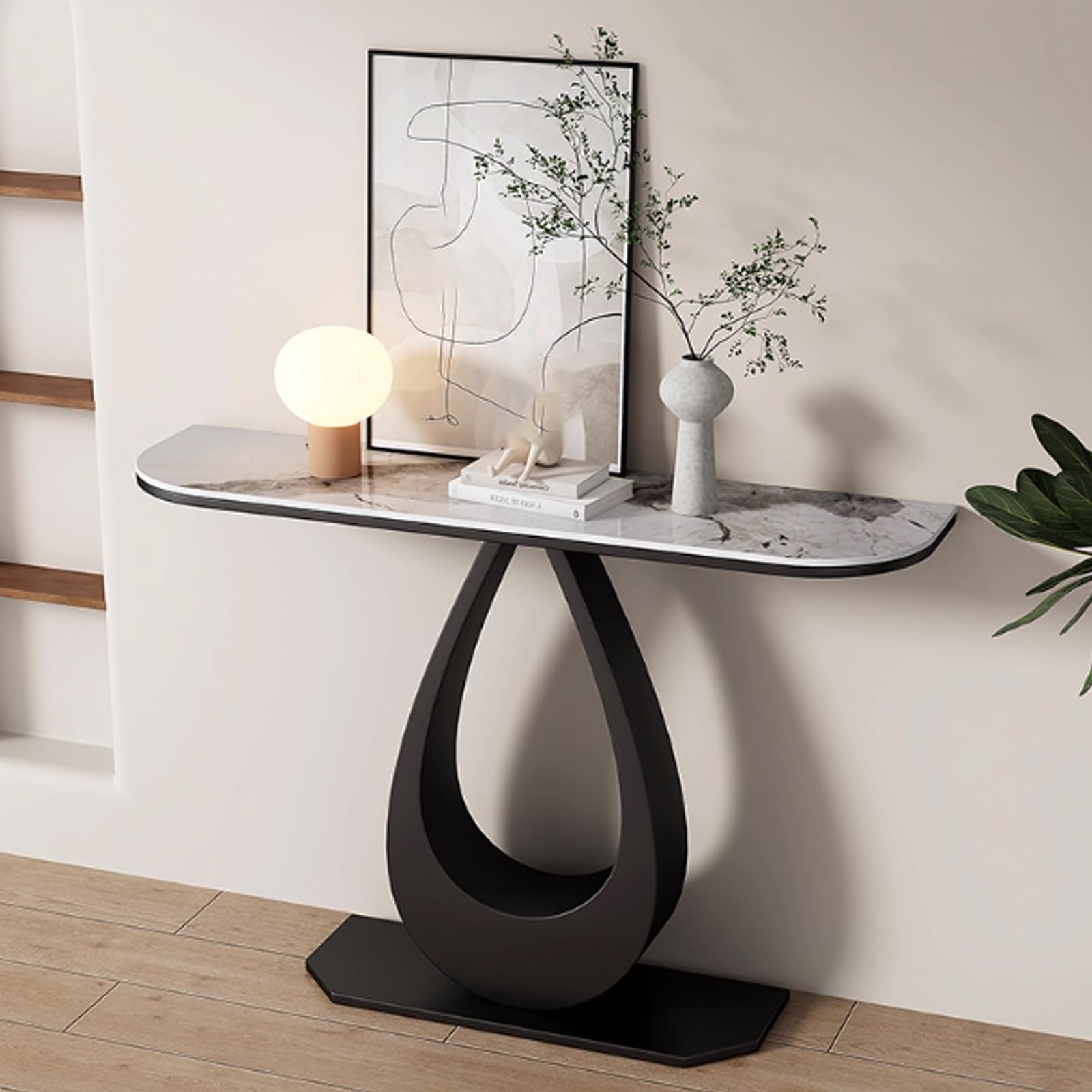 Mesa Consola Moderna, Tablero de Pizarra Negro, mesas pequeñas de mármol para recibidor, Mesa Auxiliar de Metal para sofá, Mesa Auxiliar para Espacios pequeños (Negro + Gris, 80 cm/31,5")