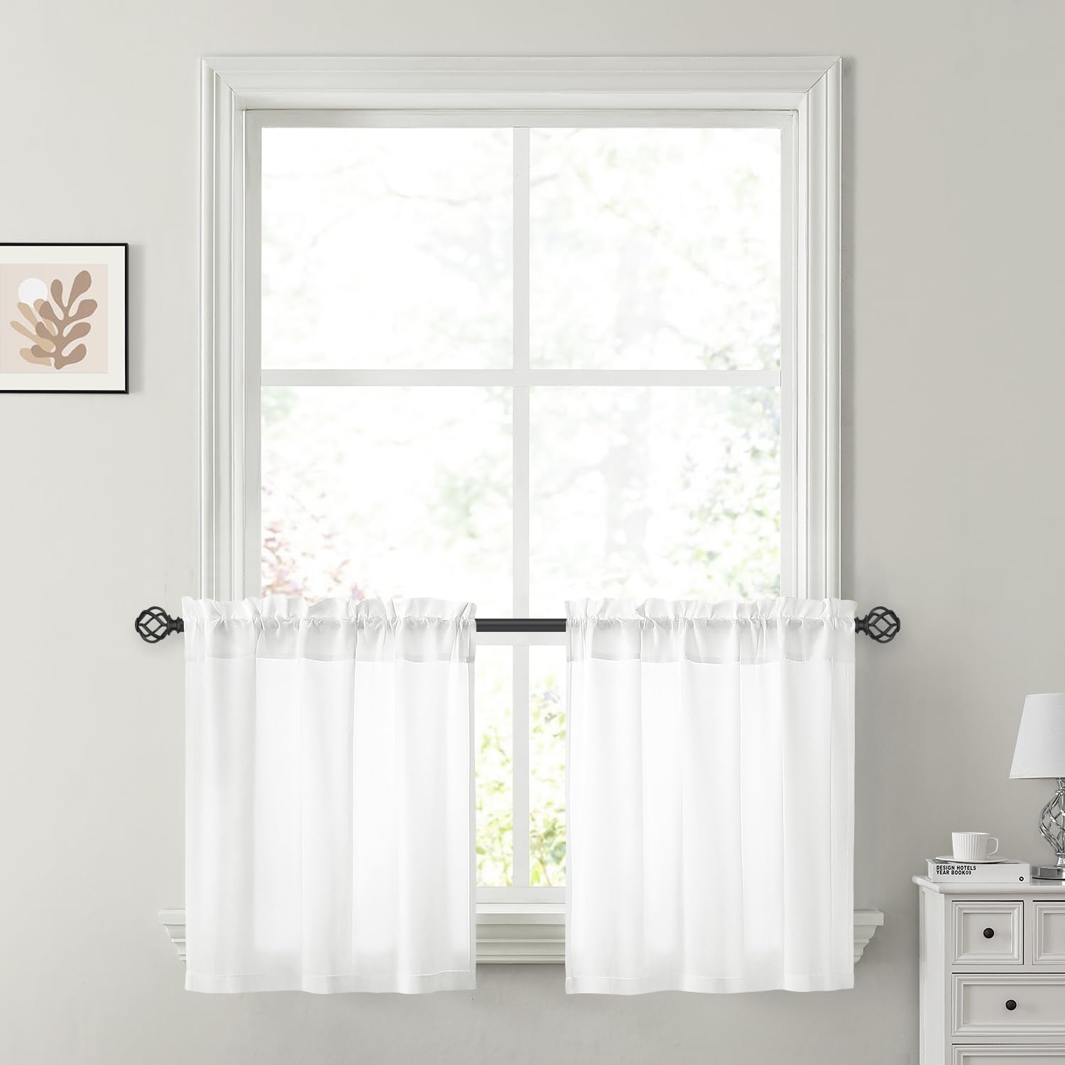 HOMEIDEAS Non-See-Through White Privacy Sheer Kitchen Curtains 30 X 24 Inches Long 2 Panels Short Sheer Curtains Light Filtering Bathroom Window Curtains Drapes for Bedroom Living RoomOEKO-TEX STANDARD 100