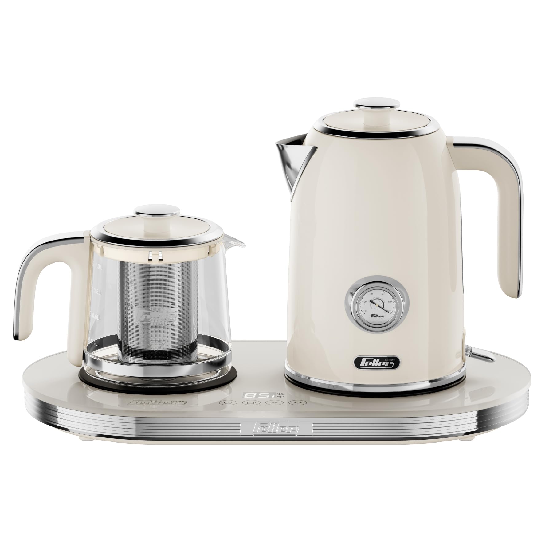 Feller Germany 2200 W 2-in-1 Retro Teamaker/Coffee Maker +1.7L Stainless Steel Electric Kettle with Strix, Adjustable Touch Teapot Temp+LED Display, TS490, 2Y Guarantee-UAE Version (Cream)