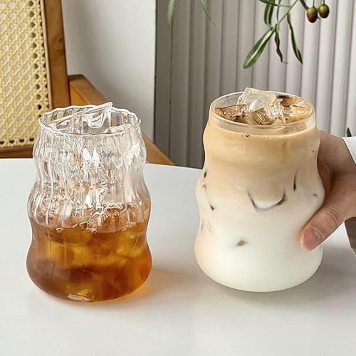 أكواب شرب زجاجية مضلعة كلاسيكية بتصميم مموج للقهوة المثلجة والعصير والمشروبات والحليب والشاي وغيرها - قطعتين