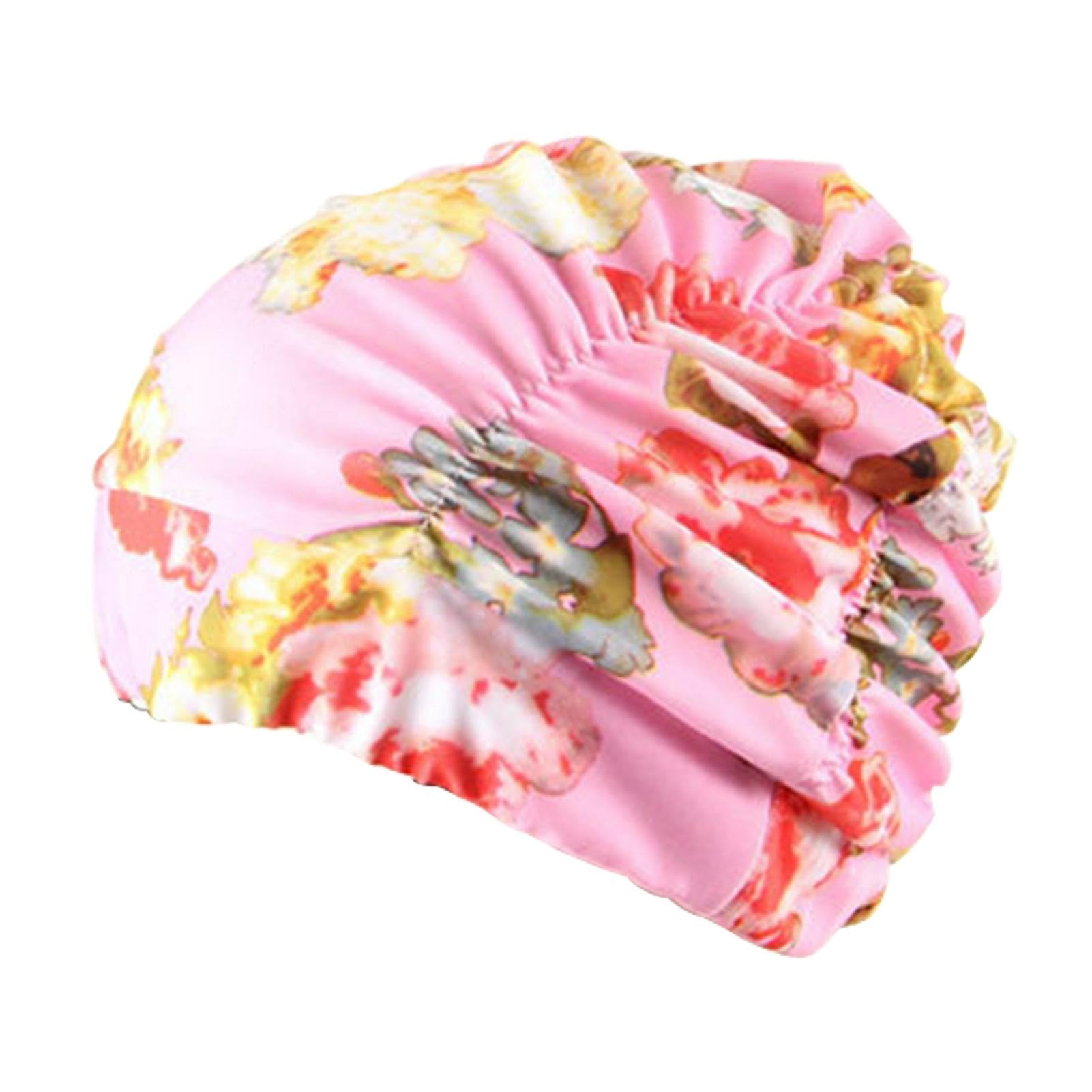 Pleated petal fabric swimming cap swimming beach seaside protection long hair ear cap girls ladies adult hats For Men's and Women's(COLOR:pink ink painting)