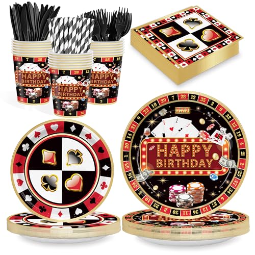 168PCS Casino Party Supplies for Girls Boys Kids Las Vegas Themed Happy Birthday Party Decorations Poker Paper Plates Napkin Cups Forks Knives Straw Tableware for 24 Guests