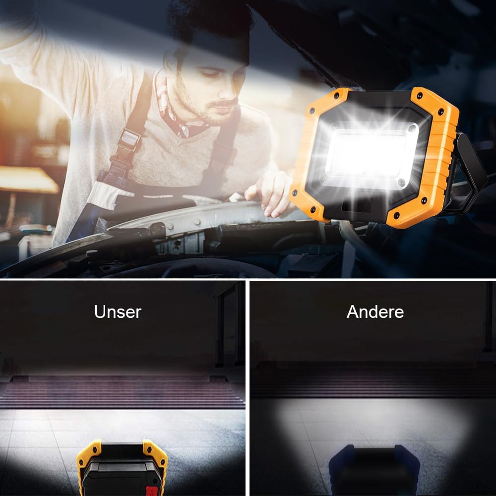 30W LED Akku Strahler Baustrahler Wiederaufladbare Superhell 2000 Lumen Arbeitsleuchte Wasserdichtes COB Arbeitsleuchte USB Campinglampe für Garage Outdoor Camping Angeln Notfall Baustellen, 2 Stück