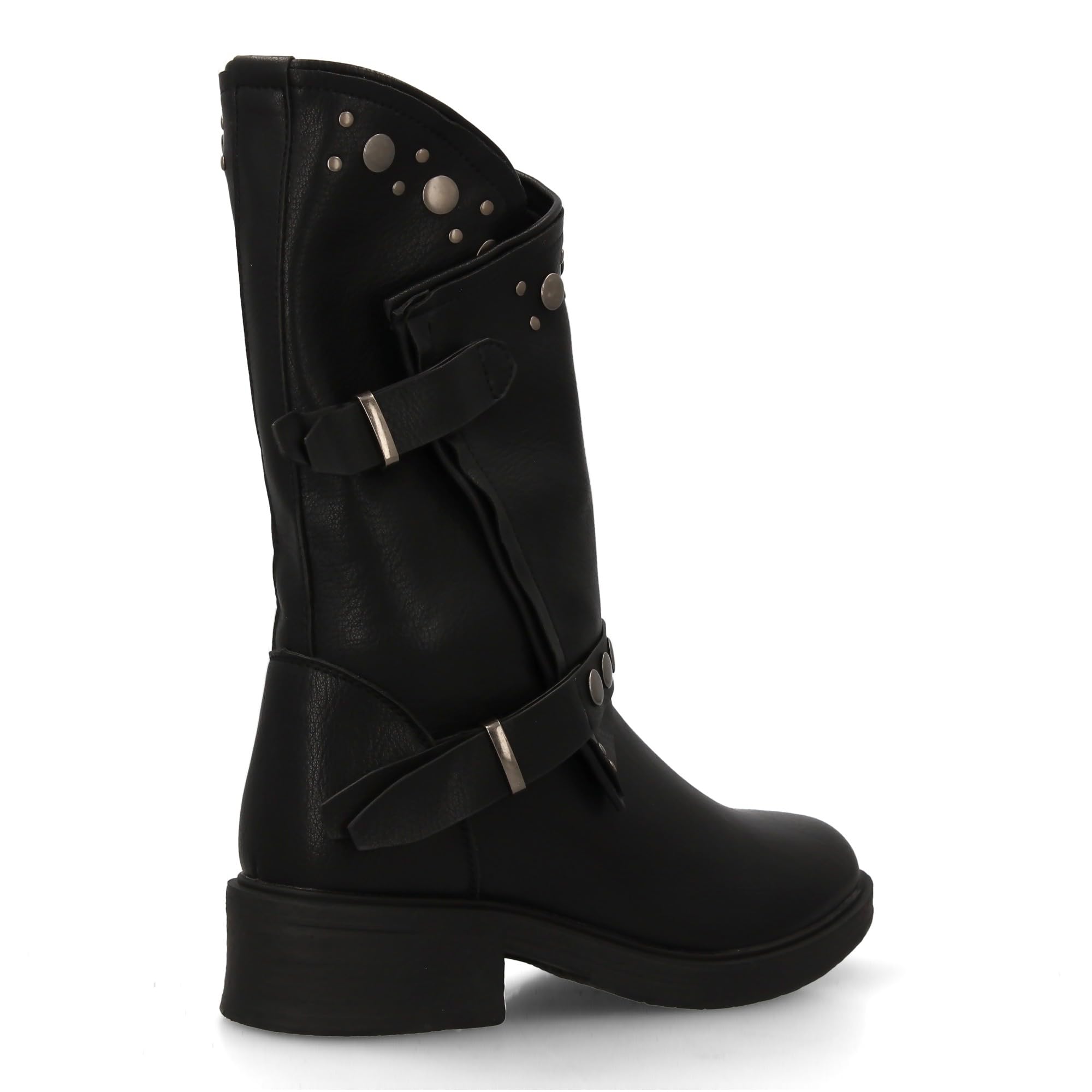 Botas de Mujer Estilo Urbano con Detalles metalicos y Tachuelas. Estampado Liso. Diseno Otono e Invierno, Cierre de Cremallera y Doble Hebilla Decorativa.