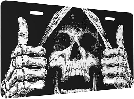 Front License Plate Cover, Black and White Funny Skull Car Decor Accessory Aluminum Metal Rust-Proof US Car Plate Novelty Vanity Tag Cover Decorative with 4 Holes for Men Women 6 * 12 in