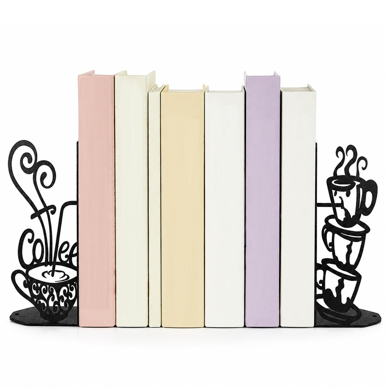 Exylosluxek Metal Bookends Creative Coffee Bookends, Coffee-Themed Decorative Black Metal, 1 Pair (2 Pieces) for Shelves