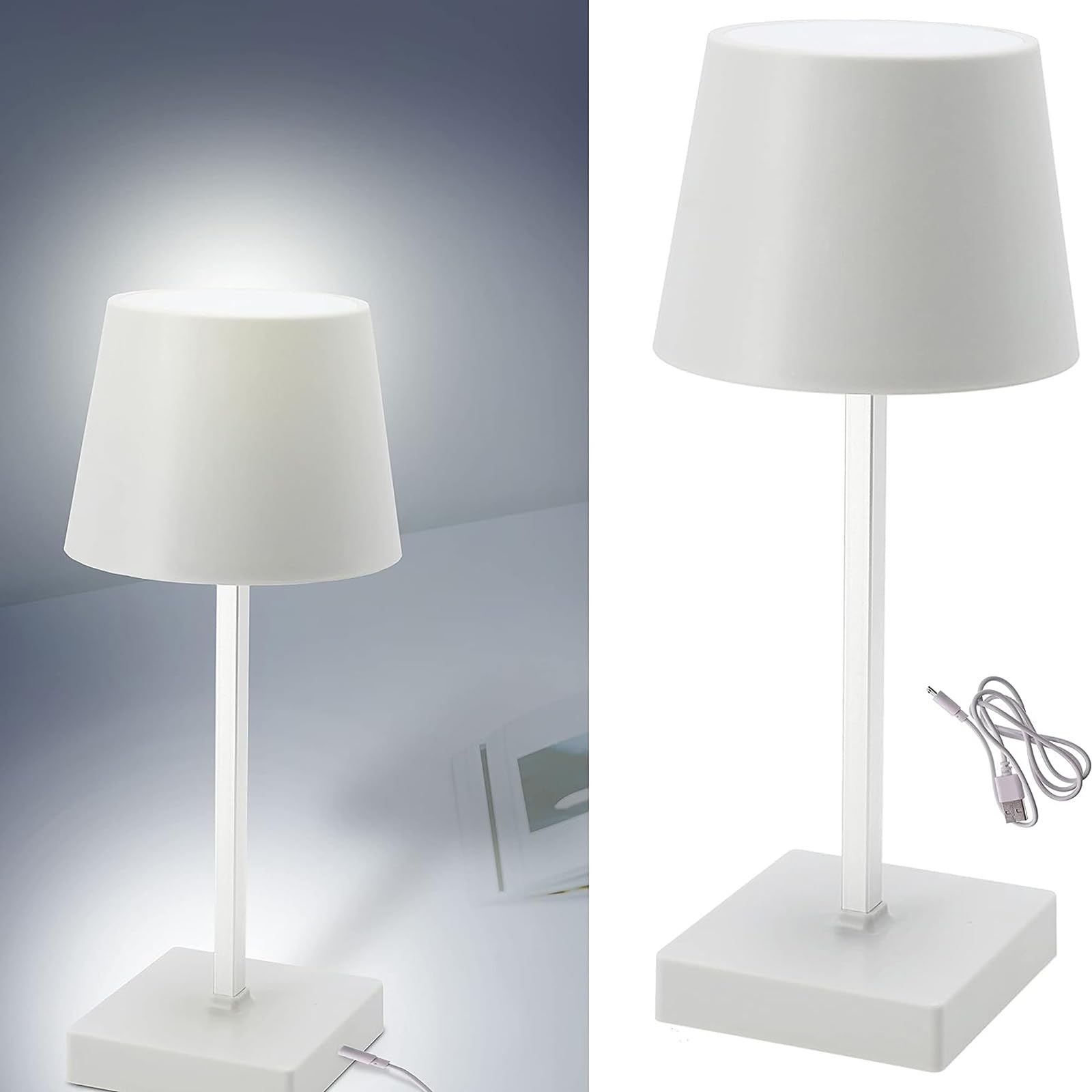 HAC24 2er Set Tischleuchte mit Touchfunktion Warmweiß USB Nachttischlampe Weiß Aufladbar Helligkeit regulierbar Schreibtischlampe Dimmbar