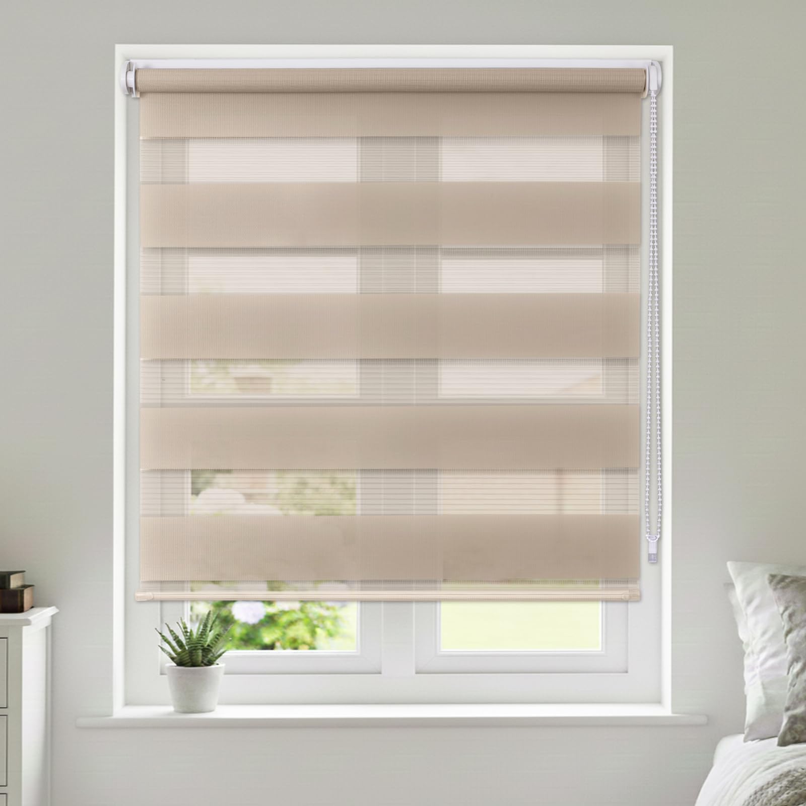 Maritown No Drill Day and Night Zebra Roller Blinds for Windows Double Layer Light Filtering Privacy and Blackout Blinds Stick on Easy Fit for Bedroom,Kitchen,Bathroom (Light Beige, 45W x 160H cm)