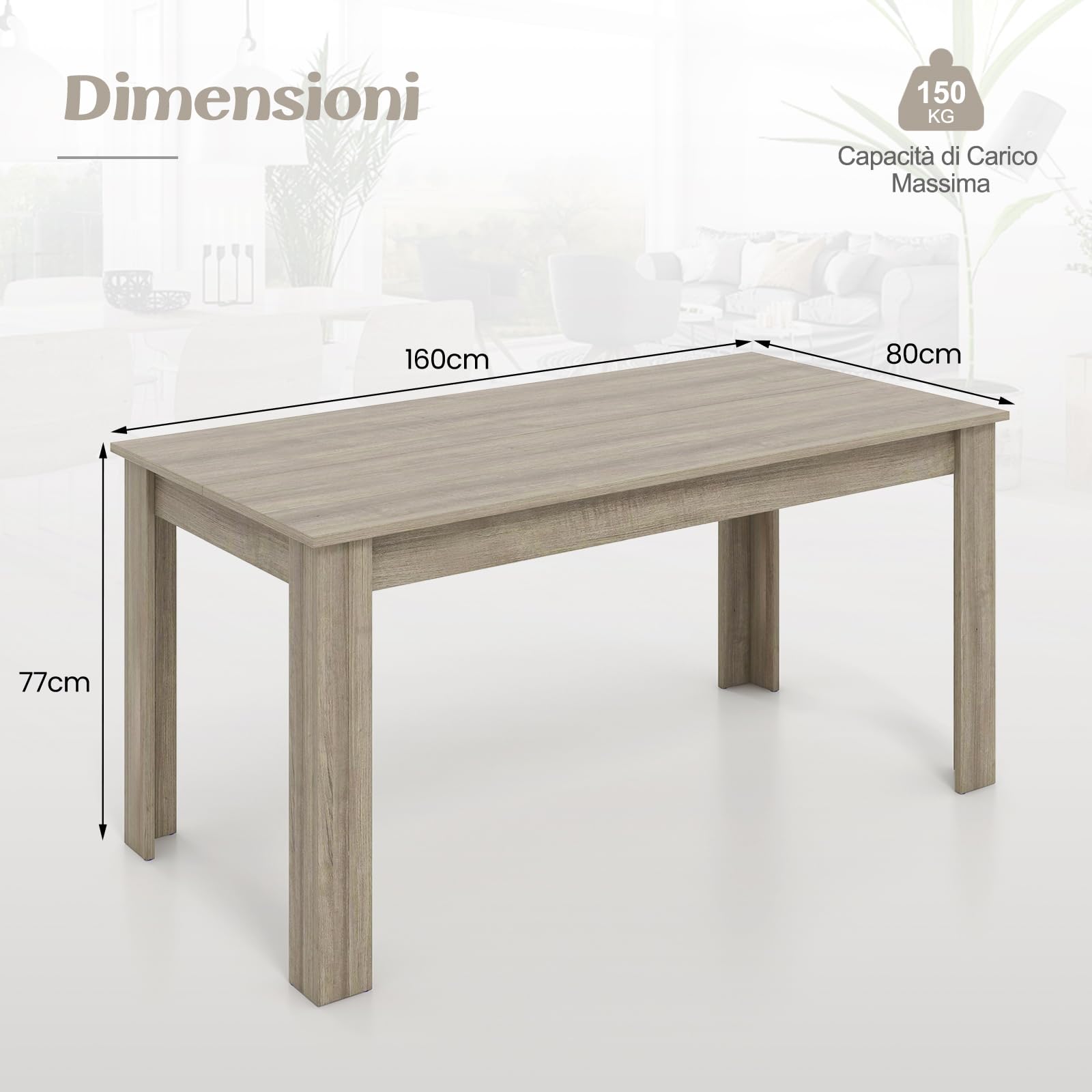COSTWAY Tavolo da Pranzo 160 x 80 x 76 cm, Tavolo da Cucina Rettangolare con Piano Grande e Gambe Robuste, Ideale per Massimo 8 Persone (Naturale)