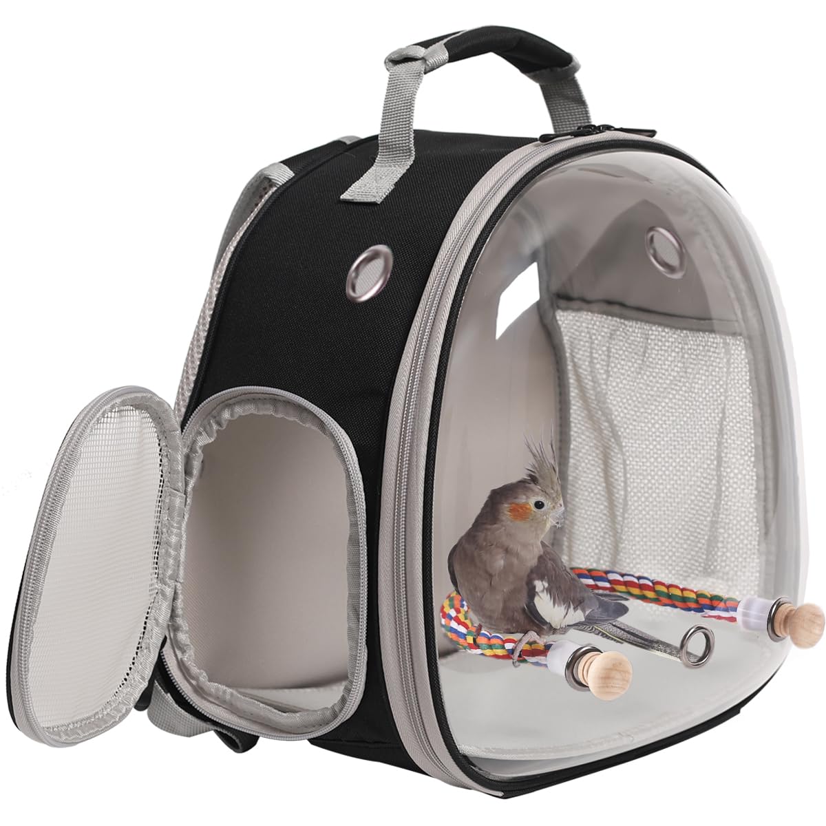 Small Bird Travel Backpack Carrier Cage, Backpack to Transport Backpack Carrier with Metal Tray Stand Perch for Parakeet Cockatiel Budgies Vet Carry Book Bag Black