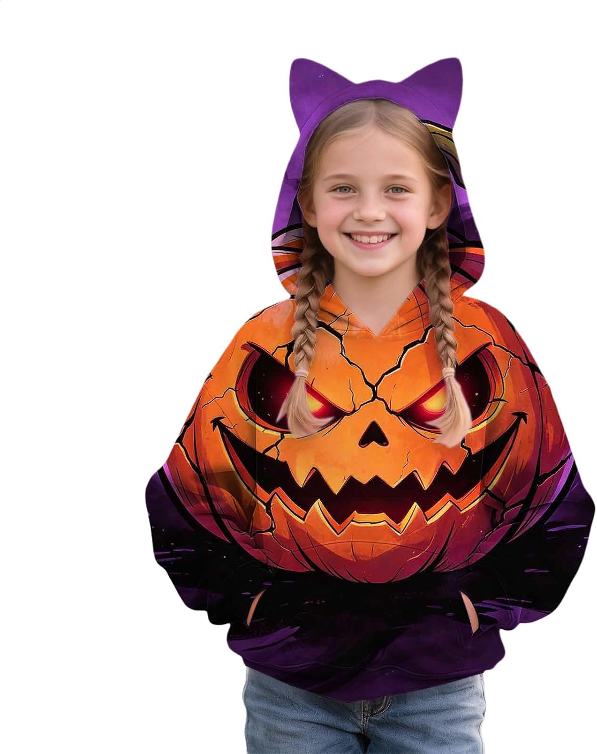 Oversized Hoodie for Girls Cute Graphic Cat Ear Halloween Hooded Pullover Casual Comfy Long Sleeve Crew Neck Athletic