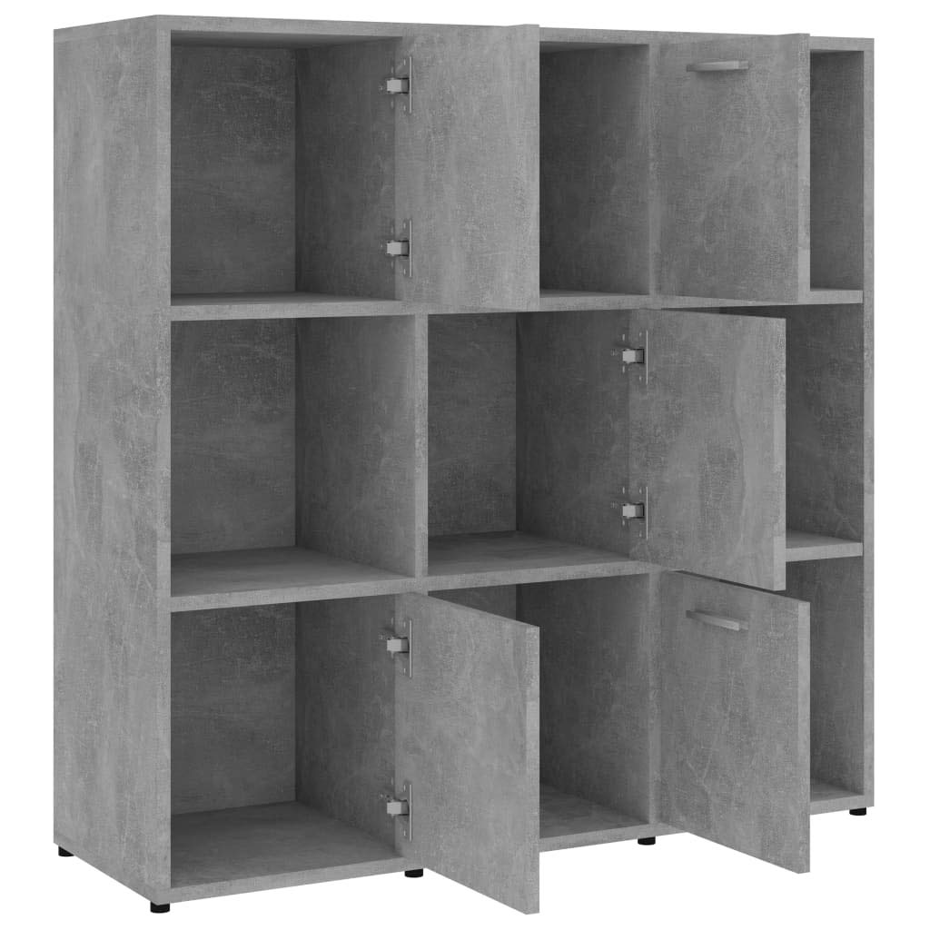 Fengshui Regał na książki, szary betonowy, 90 x 30 x 90 cm, z materiału drewnopochodnego, 9 półek, regał na książki z drzwiami, 5 półek na książki i dekoracje, łatwy w utrzymaniu i stabilny