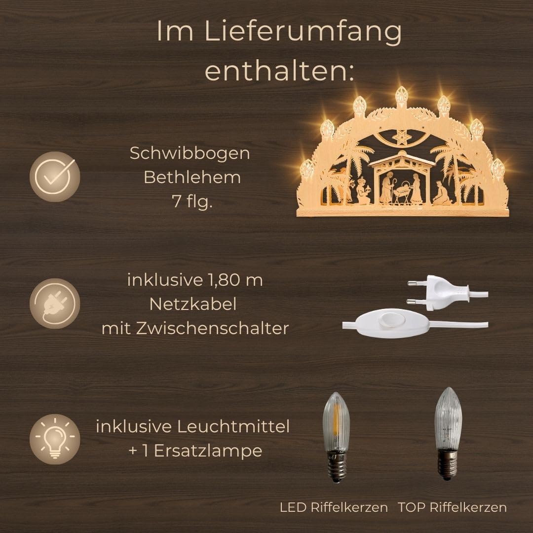 weigla - Schwibbogen original Erzgebirge I Lichterbogen Weihnachten I Motiv Betlehem I 7 Lampenkerzen + 1 Ersatzlampe I 7 x 34 V, 3 W, E10 I beleuchtete Weihnachtsdeko innen
