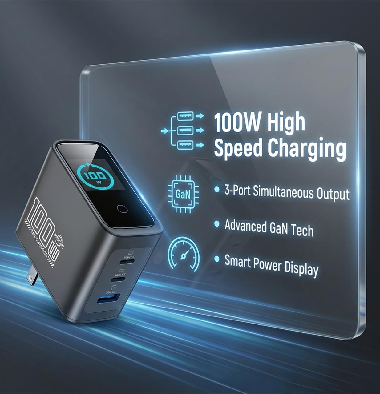 100w USB C Charger with Smart Display, 3-Port GaN Laptop Fast Charger Block Power Adapter, Touch Controls for iPad, MacBook, iPhone 17/16 Series and More (Non Cord)