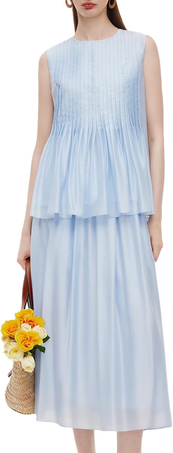 Two Piece Skirt Set Women Summer Sets Outfits Tencel Blend Pleated Flowy Skirt and Tank Top Set for Women